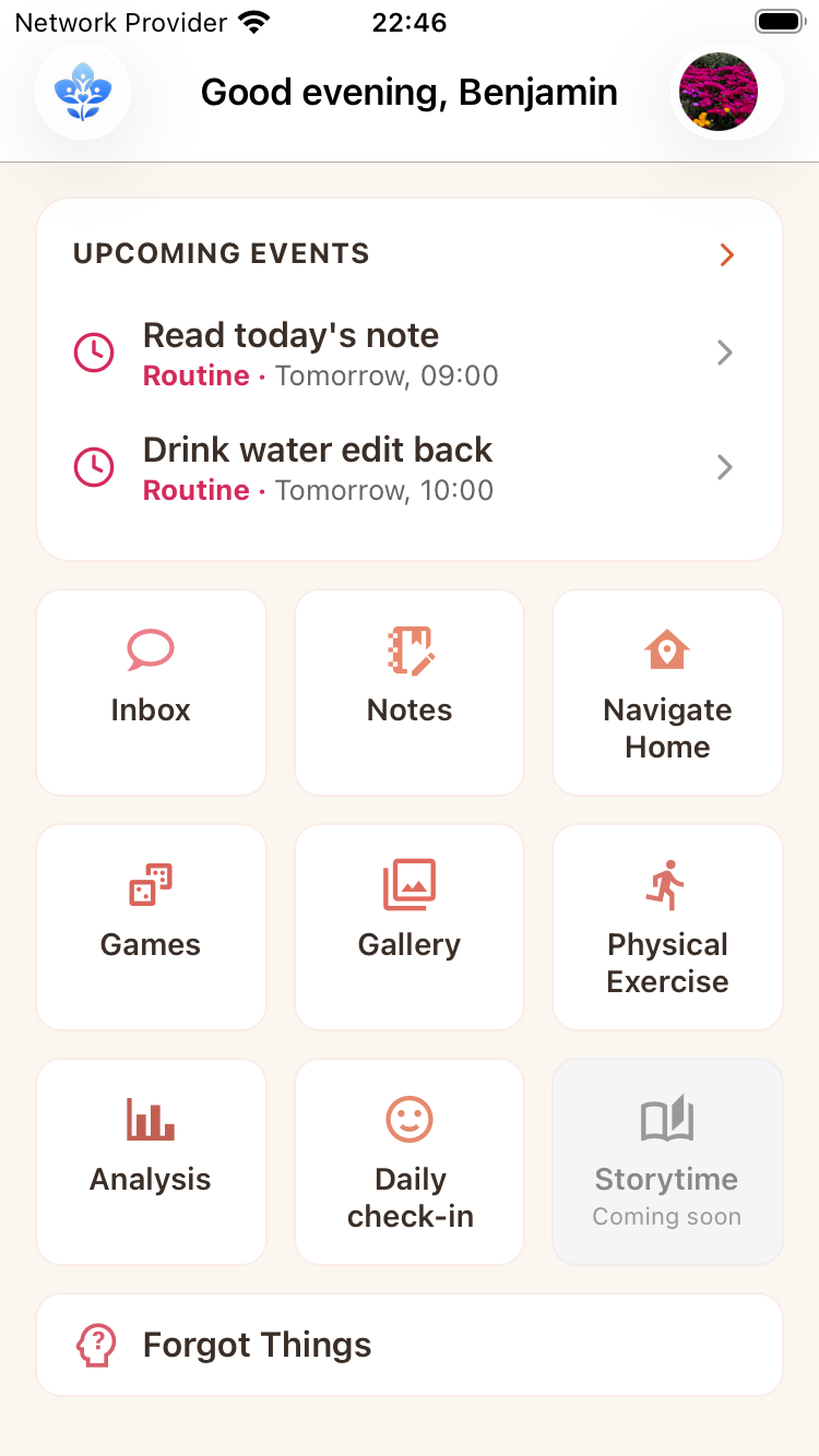 Zoliora app home screen, showing upcoming routines and shortcuts to Inbox, Notes, Games, Gallery, Physical Exercise, Analysis, and Daily check-in